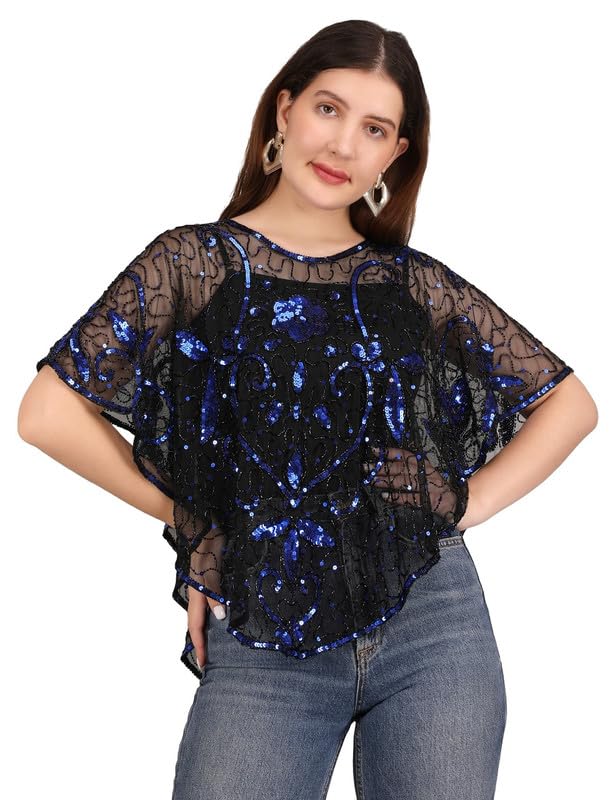Ali Fashion Women V-Style Long Net Hand Beaded Embellished Poncho Cape for Women, Floral Pattern Loose Capelets Shrugs for Evening Dress shoulder, Beachwear Ponchos Capes (Blue & Black)-image-39