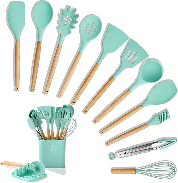 BenRich Silicone Kitchen Utensils Set, 11 Pcs Wooden Handles Spatula Set, Cooking Kitchen Utensils Set for Non-Stick Pans , Silicone Spatulas with Holder for Cooking Kitchen Tool Gadgets (Green)