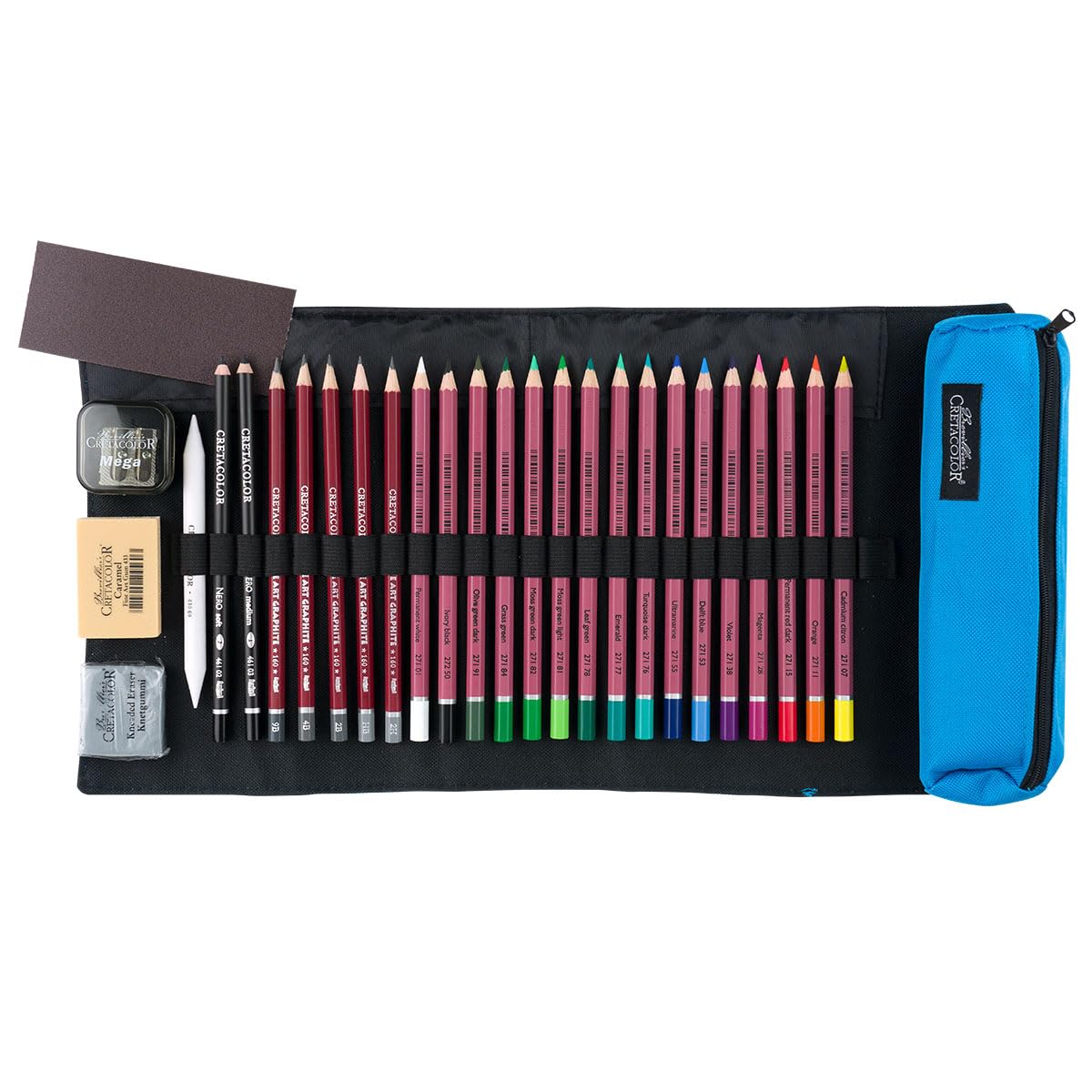 CRETACOLOR set d'artiste édition printemps, étui à rouleau bleu inclus, édition limitée, 29 pièces, divers articles d'artiste