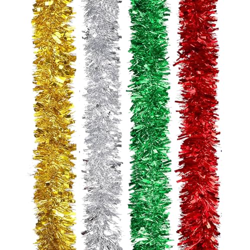 HUANYO 4 Pack Shiny Metallic Tinsel Garlands 8m Total - Sparkly Decoration for Party Christmas Tree Wedding Ceiling & Festive Events