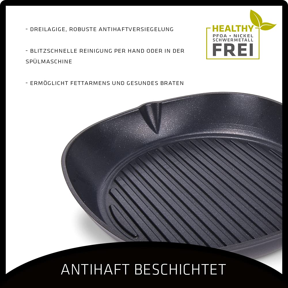Berndes b.iron Grillpfanne 27x27 cm – langlebiges Gusseisen, hoch erhitzbar & energiesparend - für alle Herdarten geeignet - mit Ausgießer & Gegengriff - 100% plastikfrei verpackt