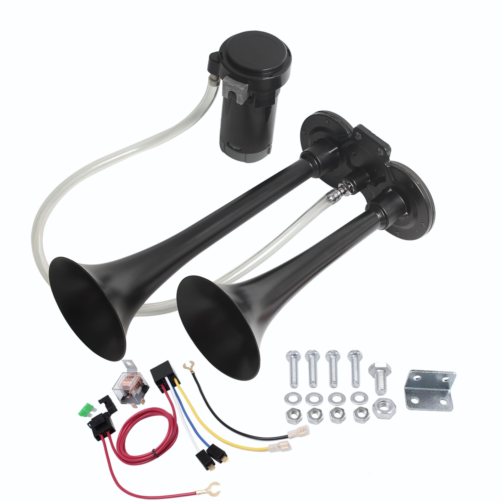 Train Horn for Truck 150db 12V,BANHAO Super Loud Truck Air Horn with Compressor, suitable for Any 12V Vehicles Train Car Ship Boat Lorry, 17 Inches (12V, Black 2 tube horns with wire)