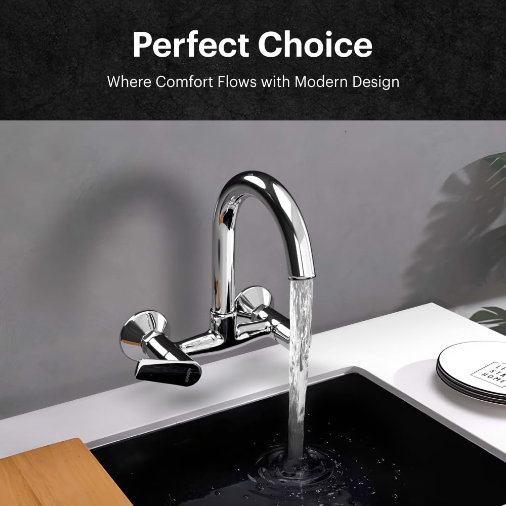 Johnson Bathrooms Arctic Wall Mounted Sink Mixer with 360 Degree Rotating Swivel Neck|Precise Control of Hot&Cold Water|Compact Sleek and Stylish|Faucet for Modern Kitchen|10 Years Warranty,Silver 4