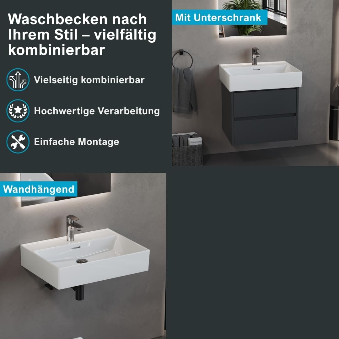 Aqua Bagno lavabo 60 cm bianco – lavabo in ceramica rettangolare per bagno, bordo sottile, design moderno, montaggio a parete o su mobile bagno, superficie facile da pulire e resistente