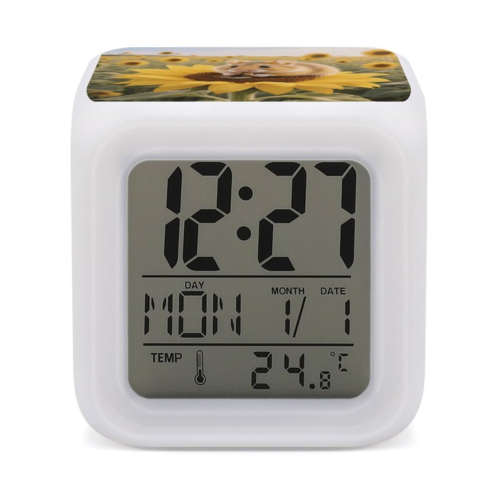 7 Color Ambient Night Light Cube Battery Operated Sunflower Hamster Digital Clock with Snooze Temperature LED Digital Alarm Clocks Dimmable Wake Up Light Portable Mood Lamp for Bedroom Desk Gift