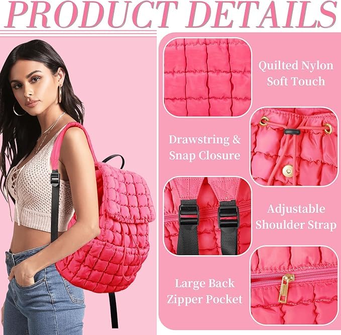 Image of MOCA Quilted Puffer Backpack for Women, Nylon Puffy Casual Girls Womens Backpack, Lightweight Hiking Gym Daypack Preppy Travel Bag with Adjustable Top Flap Drawstring