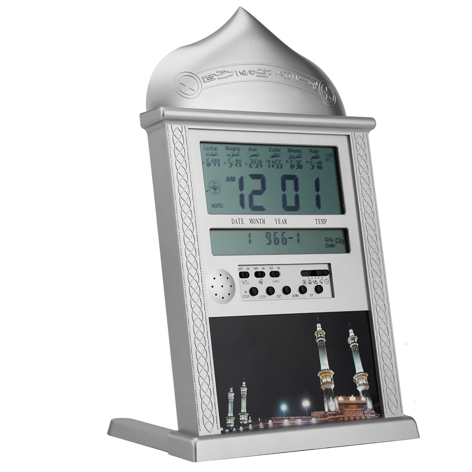 lyrlody Reloj de Oración Musulmán con Recordatorio Azan, Hora Mundial, Pantalla de Temperatura, Plástico y Metal