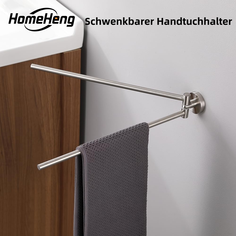 Porte‑Serviettes Pivotant à Deux Bras, Porte‑Serviettes Mural Acier Inoxydable SUS304, Rotation 180° Gain de Place Finition Brossé, H91201D