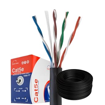 Cat5e Ethernet Cable 500ft, CCA, UTP, 24AWG, Bulk Pull Box, High Speed LAN Network Wire for Indoor Use, Solid Copper Clad Aluminum, Black