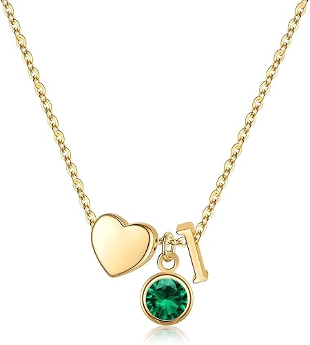 Ursilver Initial Birthstone Necklace for Women - Heart Initial L May Birthstone 