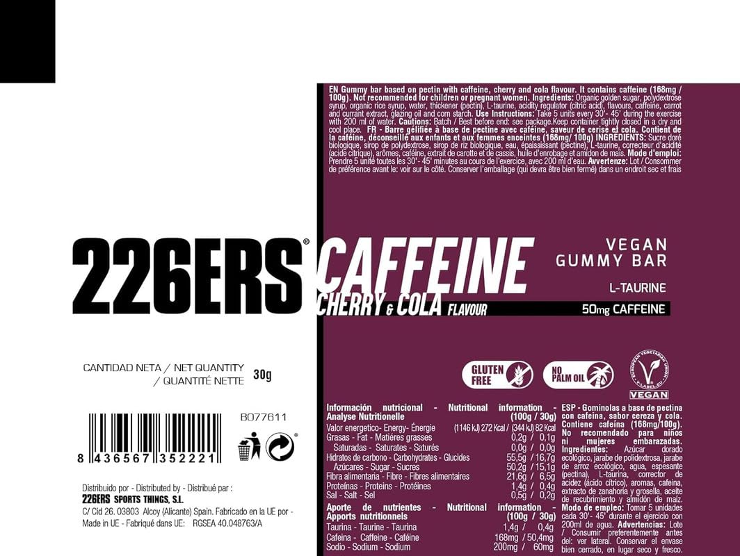 226ERS Vegan Gummy Bars, Barrita Energética Deportiva, Cola 42 x 30g
