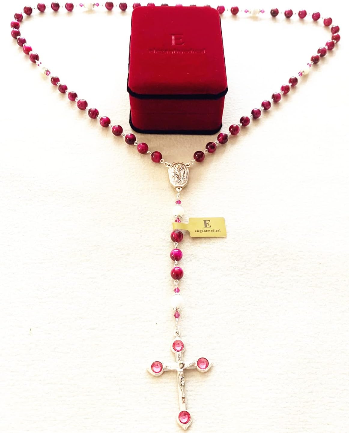 elegantmedical HANDMADE TIGER EYE BEADS CATHOLIC ROSARY CRUCIFIX NECKLACE Lourdes water Medal