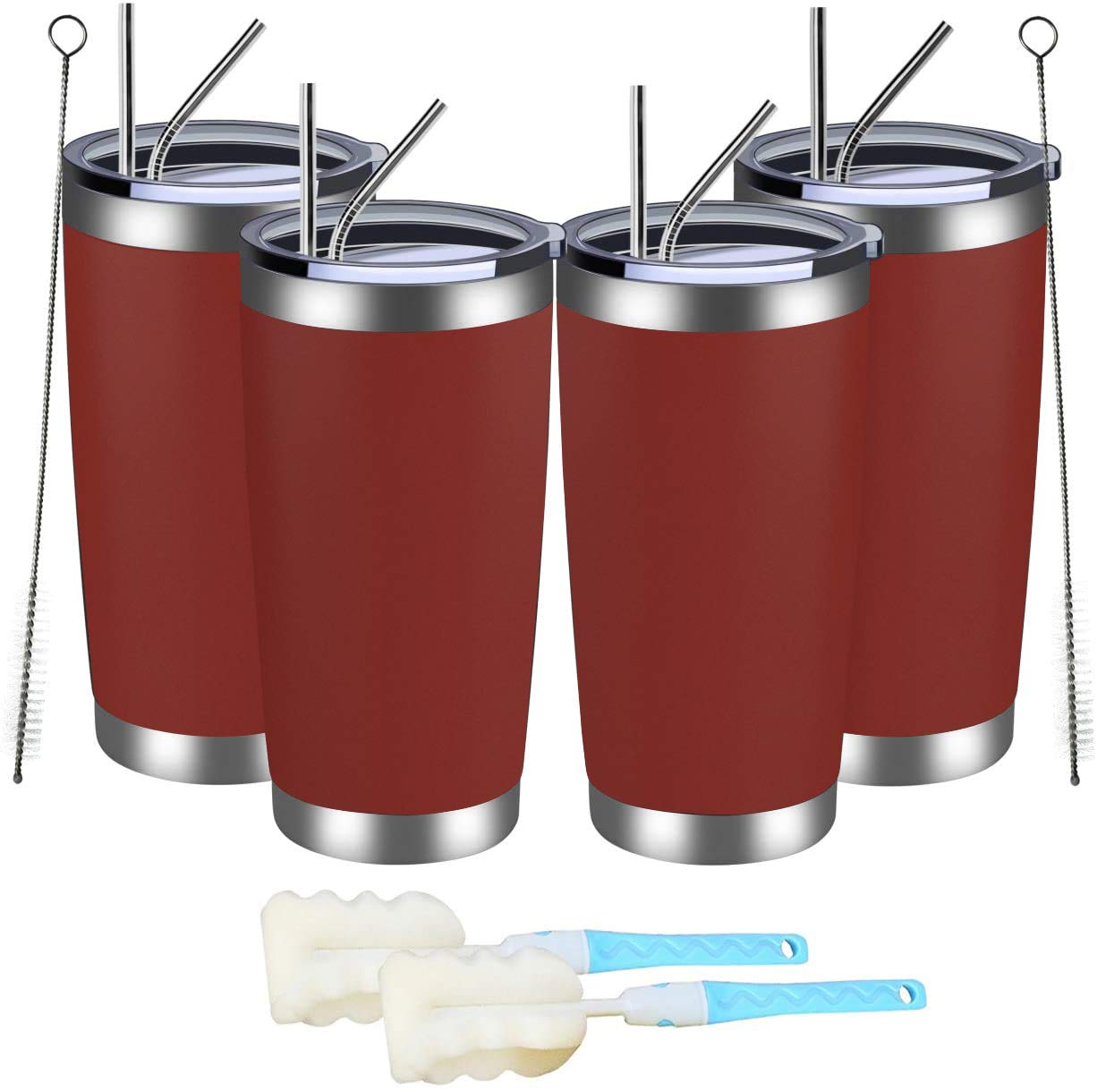 MEWAY20oz Tumbler 4 Pack Double Wall Vacuum Insulated Travel Mug Bulk, Stainless Steel Tumblers with Lid and Straw, Powder Coated Coffee Cups for Cold & Hot Drinks (Red, Set of 4)