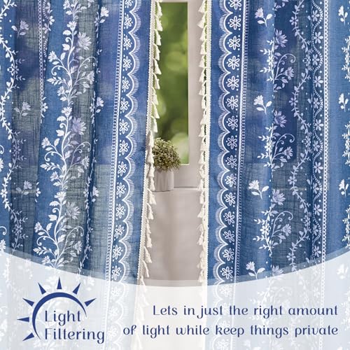 Image of Yinhua Boho Curtains for Living Room 84 Inch Length Vintage Linen Blue Curtains for Bedroom Light Filtering Floral Window Curtain Rod Pocket & Back Tabs Farmhouse Rustic Tassel Drapes with Tiebacks