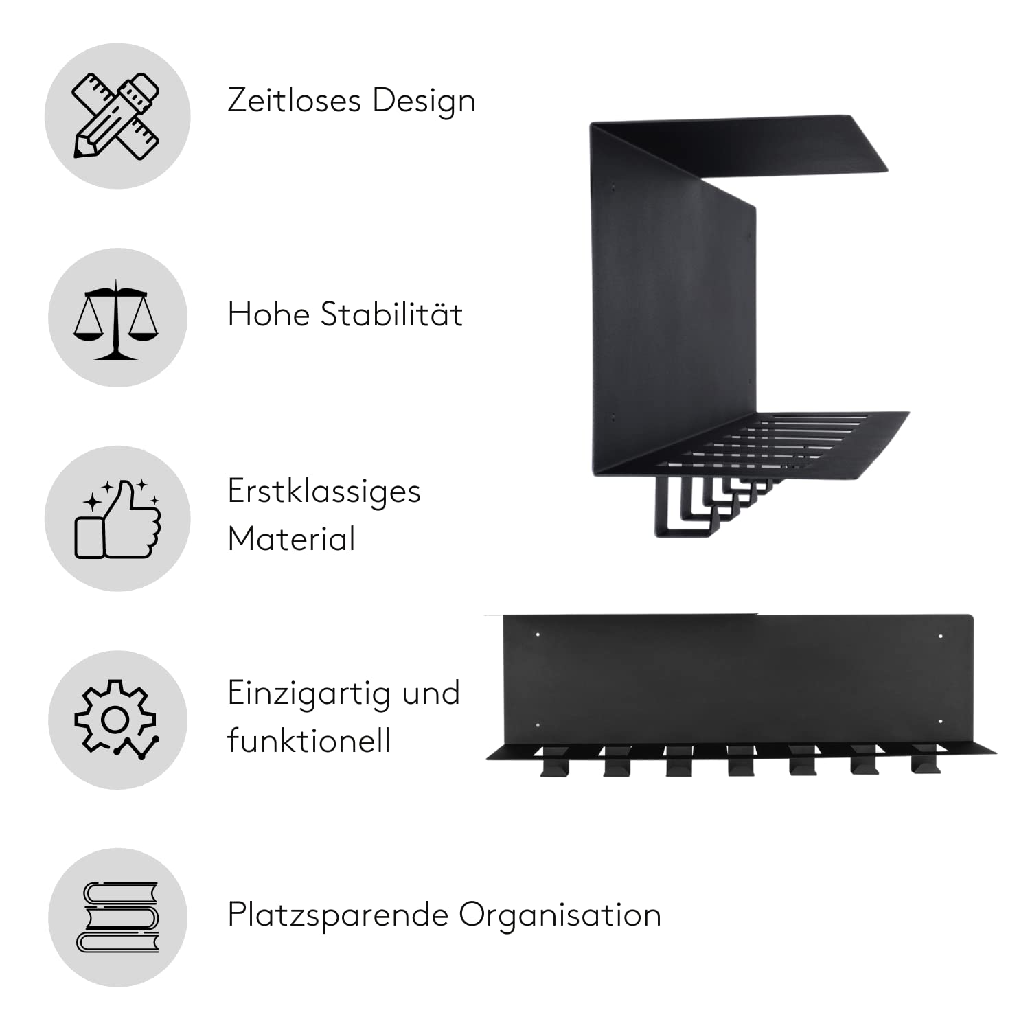 Plenck Garderobenleiste mit Ablage schwarz (70 x 25 x 15,5 cm) I elegante Hakenleiste aus robustem Stahl mit 7 Garderobenhaken I Platzsparende Garderobe in schlichtem Design