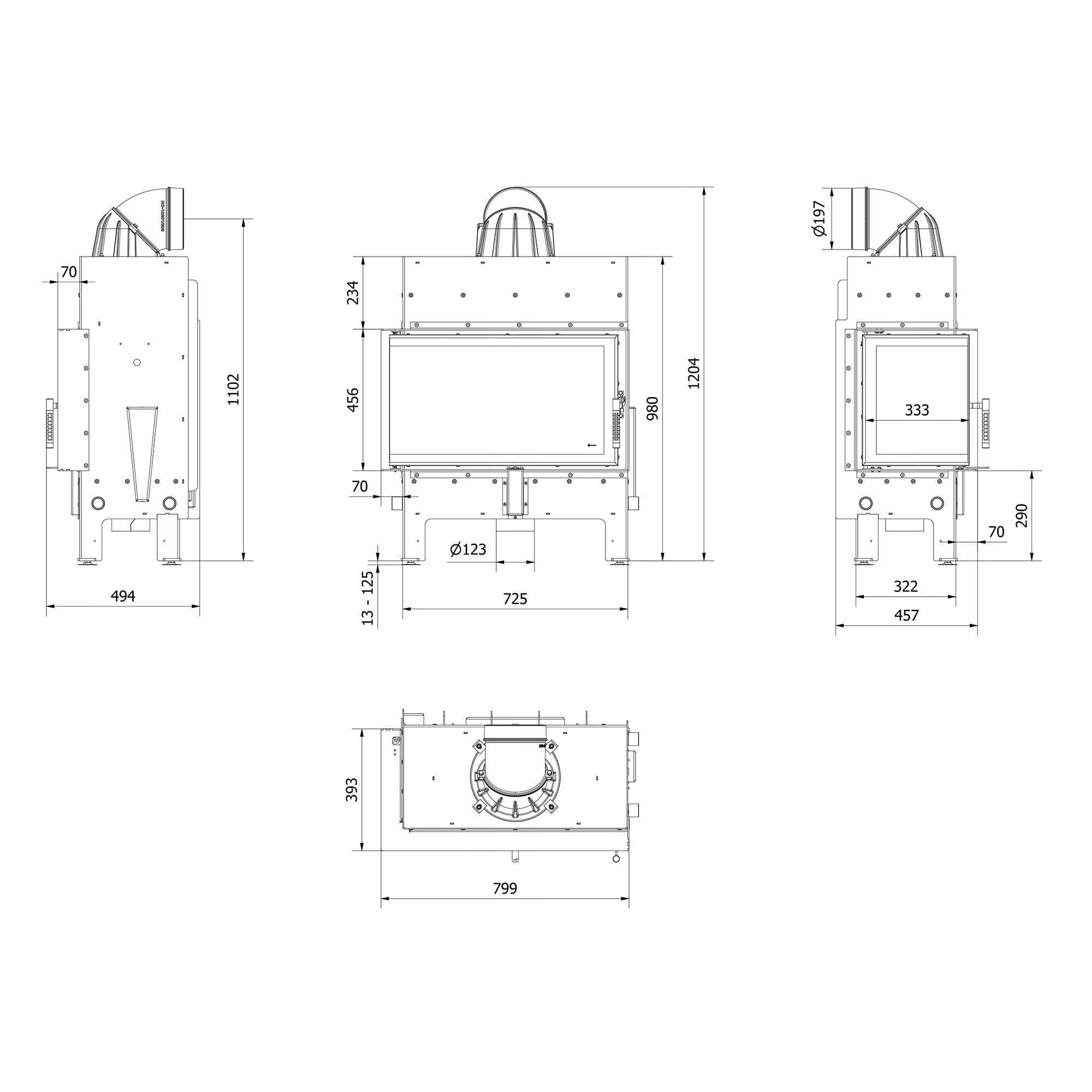 KRATKI Inserto per camino in acciaio a legna FLOKI 10 kW Ø200 sinistro A+ | Acciaio nero, efficienza 83,6%, classe A+. Ecodesign, BImSchV 2; per recupero calore.; combustione efficiente; Livello 2