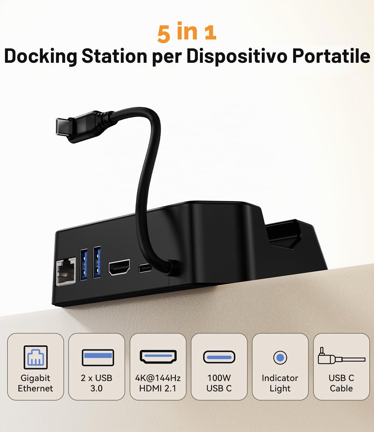 SiWiQU 5-in-1 Docking Station per ROG per Xbox Ally / Ally X (2025) Solo, TV Dock Portatile Caricatore con 4K@144Hz 2.1/ Ethernet Gigabit/2×USB 3.0/100W ricarica/Spia luminosa/USB-C integrato Cavo