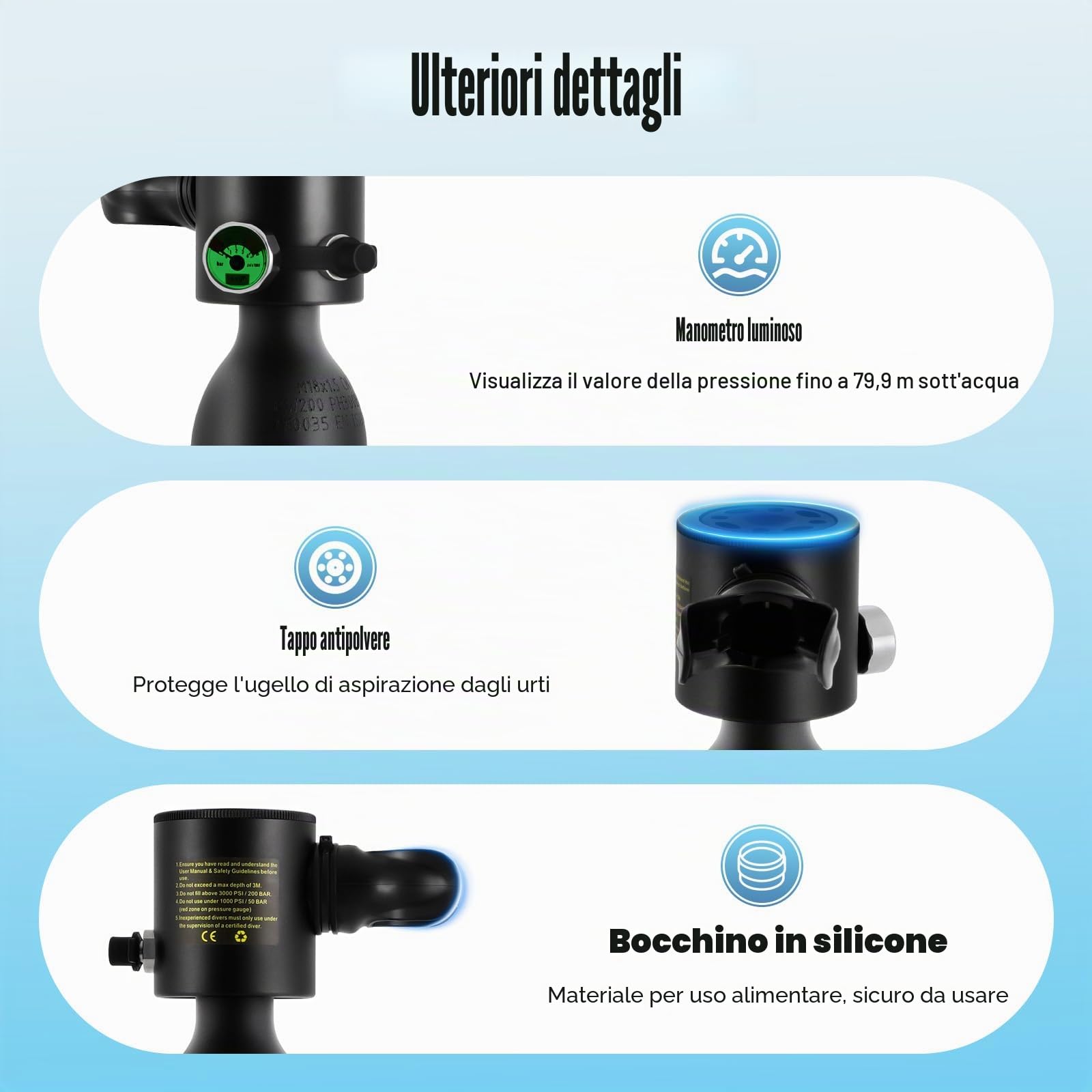 Lung Tank Bombola di Ossigeno Bombola per Immersioni Mini Cilindro per Immersioni 0,13 Galloni per Immersioni Ricreative ed Emergenza, 5-10 Minuti di Tempo di Immersione 100 piedi / 30m di