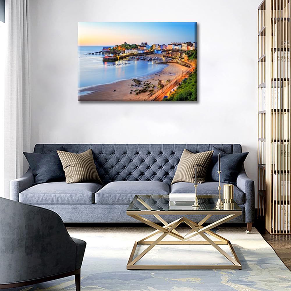 Bathroom Decor Wall Art Sunrise Wall Paintings 1 Piece Tenby Harbour Pembrokeshire Wales UK Wall Decoration for Living Room Decor Wall Pictures Stretched and Framed Ready to Hang (16''Wx 24''H) - Image 2