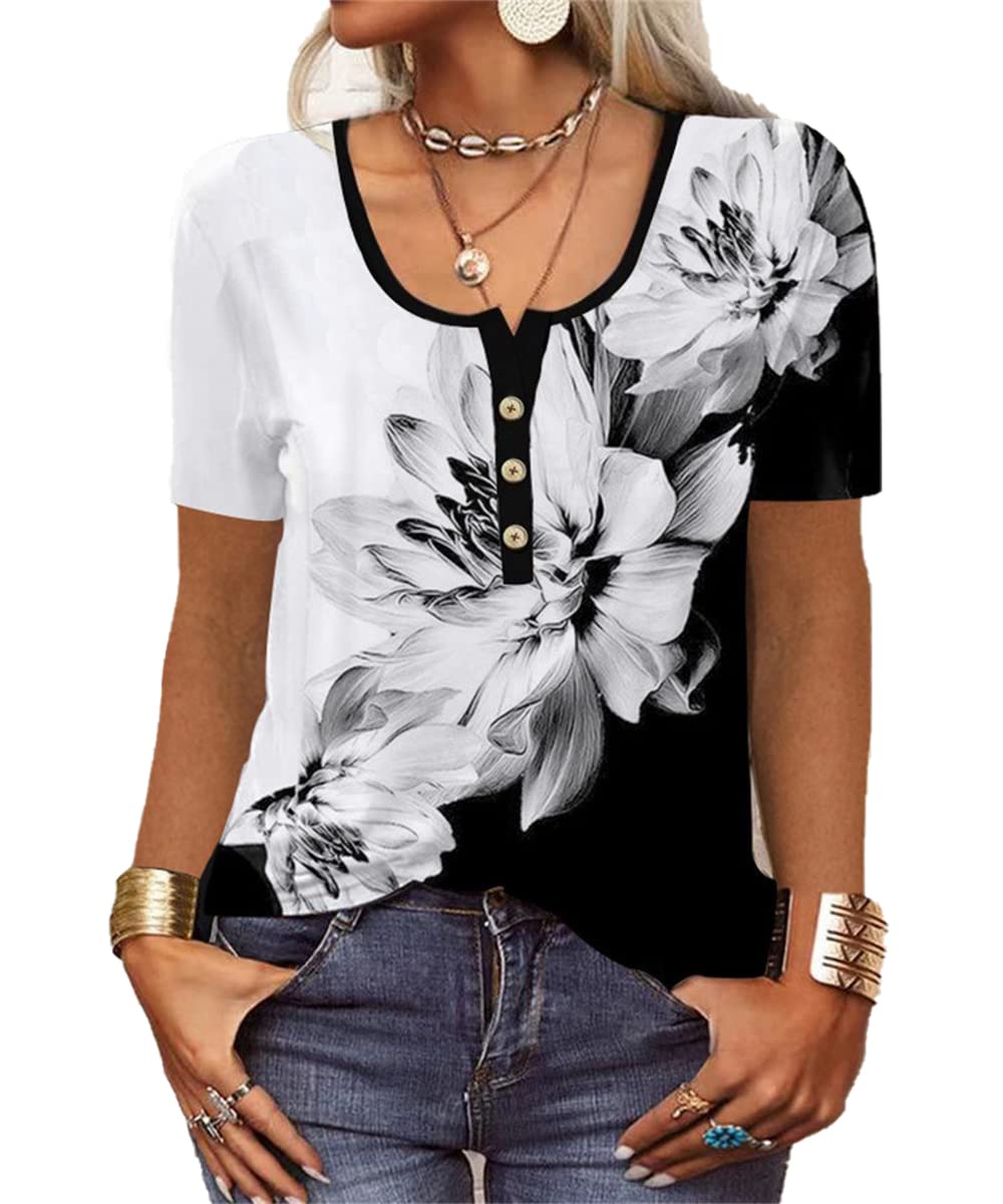 GRMLRPT Blusa para Mujer Manga Larga Camisa Cuello Redondo Botone Casual Top de Manga Larga Colorido Estampado Floral (Multicolor,S-XXL)