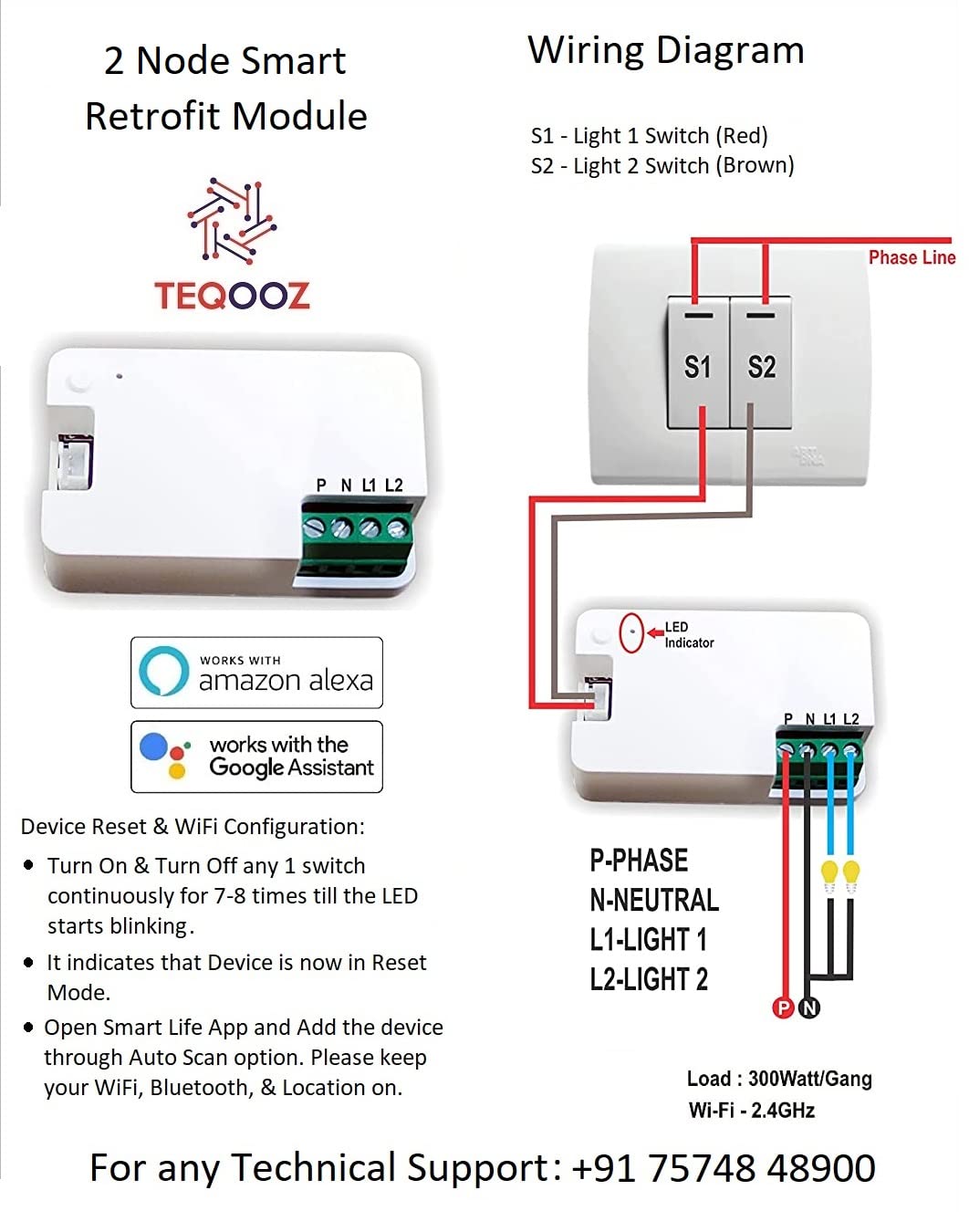 TEQOOZ® WiFi 2 Node Smart Switch Module | Retrofit - Fits Behind Any Switch Board | Manual Control & Smart Life App Control | Compatible with Alexa, Google, Siri 4