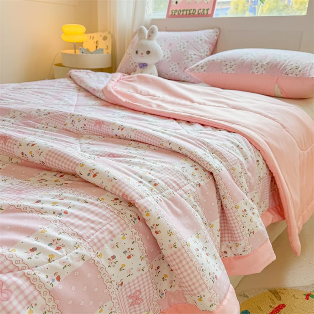 Trapuntino Copriletto Estivo Primaverile, Trapunta Leggera, Fiori Copriletto Trapuntato Cotone per Letto Singolo Letto Matrimoniale (Rosa chiaro,150x200)