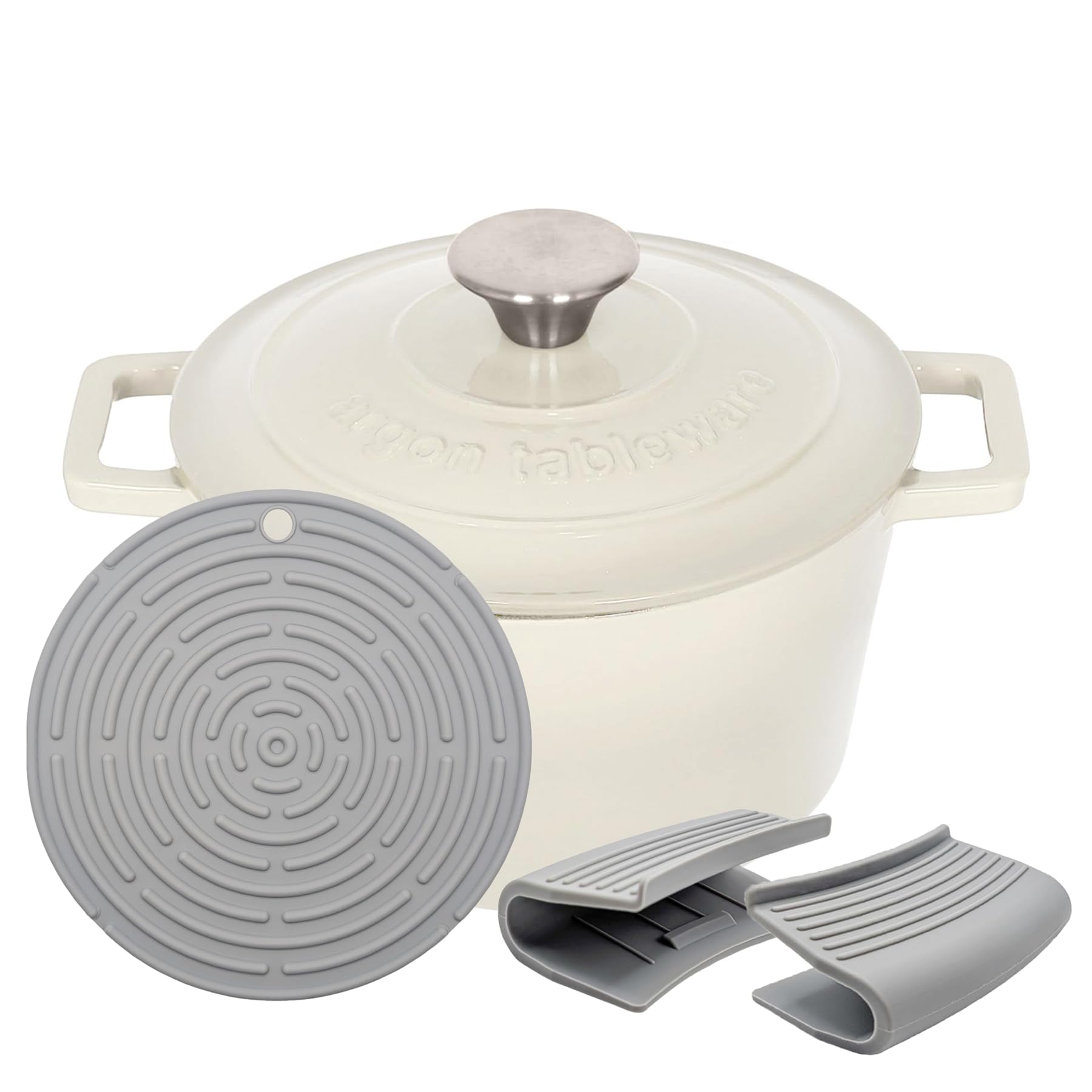 Argon Tableware Round Cast Iron Casserole Dish with Self-Basting Lid - 2.8L - Pebble Gloss - 1x Induction Hob Cooking Dutch Oven Bread Baking Serving Roasting Stew Stock Pot Cookware Pan