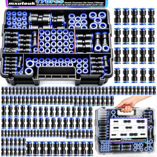 Image of mxuteuk 170PCS Quick Connect Air Hose Fittings,1 /8 1 /4 5 /16 3 /8 1 /2 inch & 4 /6 /8 /10 /12mm Straight Push to Connect Fittings,Quick Release Pneumatic Air Line Fitting