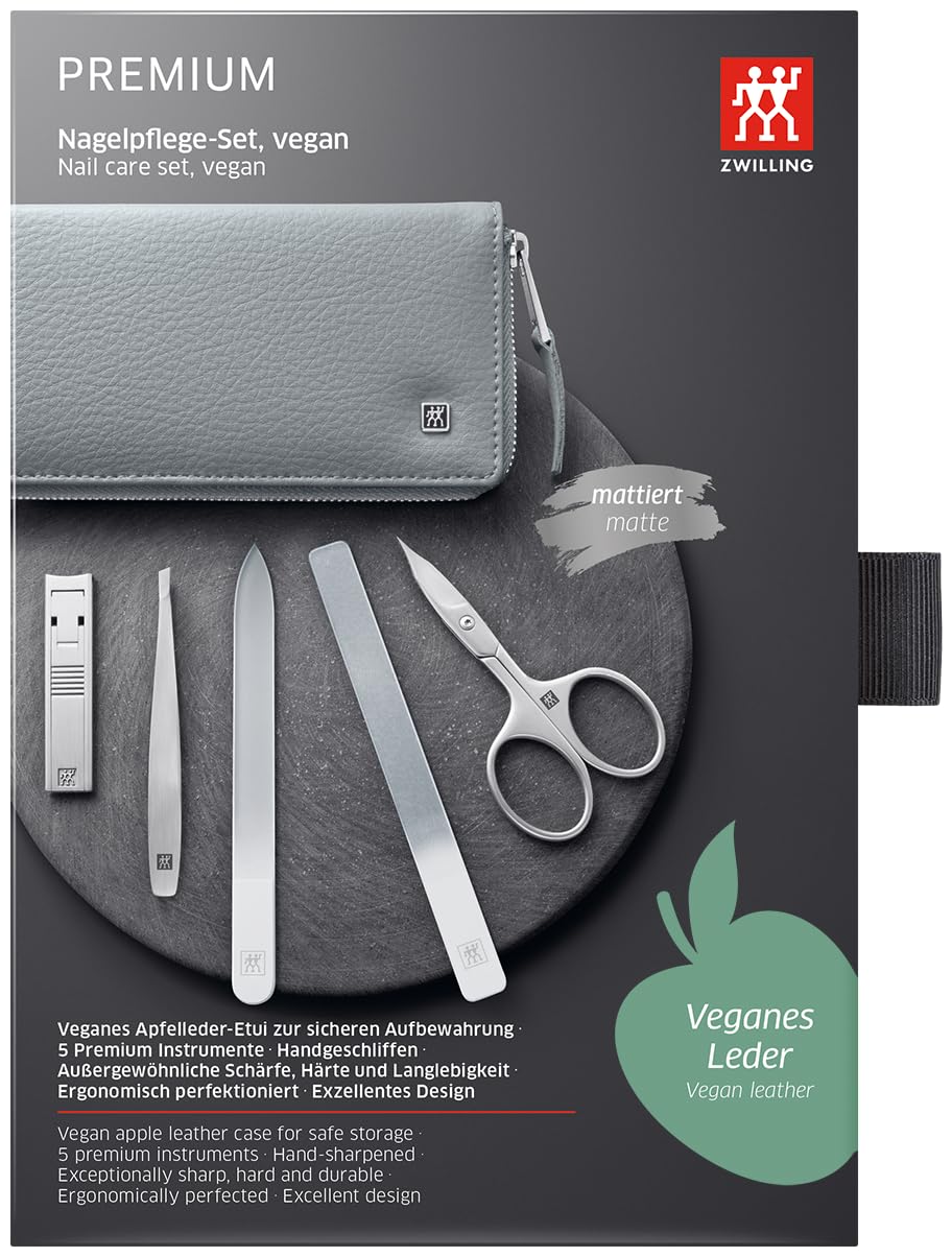 ZWILLING Maniküre- & Pediküre-Set 5-teilig im veganen Apfelleder-Etui, Nagelpflegeset inkl. Schere & Glasfeile, rostfreier Edelstahl, Grau, Premium