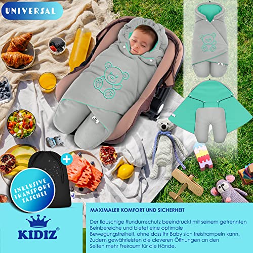KIDIZ® Baby Einschlagdecke Winter mit Kapuze +Tasche Babyeinschlagdecke Universal für Babyschale, Autositz, z.B. für Maxi-Cosi, Römer für Buggy Babybett Kinderwagen & alle Gurtsysteme 3 & 5-Punkt Gurt