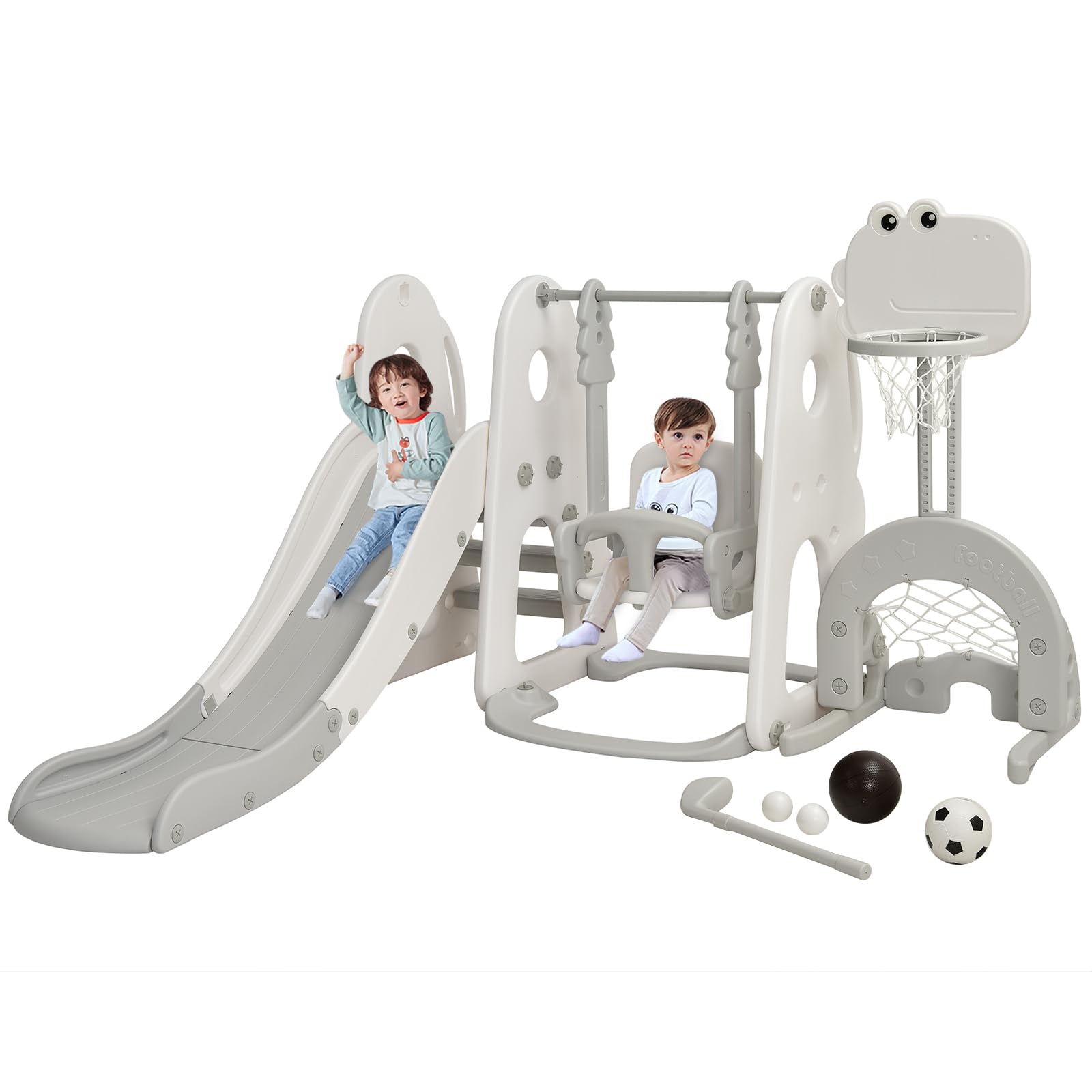 GLACER Dinosaur Toddler Slide & Swing Playset, 6-in-1 Outdoor Indoor Playground w/Basketball Hoop, Football Gate & Golf Hole, Kids Slide Climber Set, Swing Sets for Backyard, Garden, Patio (Grey)