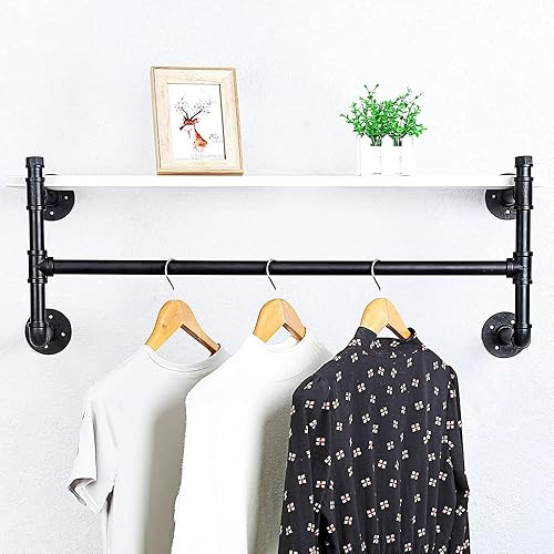 Miniatura 3 de Estante de ropa de tubería industrial, estante de madera montado en la pared, estantes flotantes, estante de ropa al por menor (1 nivel, 36 pulgadas)