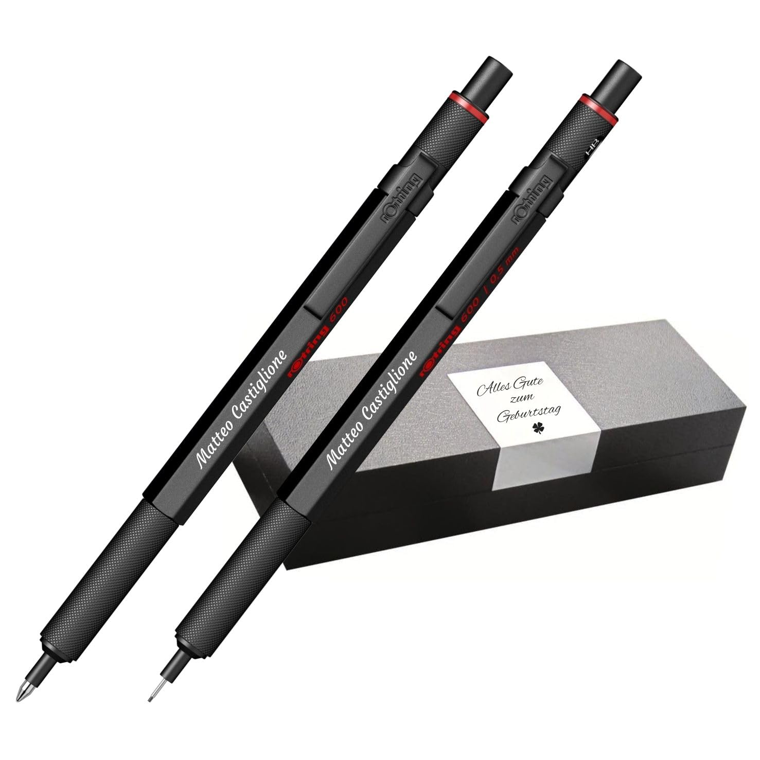 rOtring 600 Druckkugelschreiber & Druckbleistift Set mit Gravur – Premium Metall Schreibset, Personalisiert, mit Etui Geschenk für Büro, Studium & Technik (Schwarz)