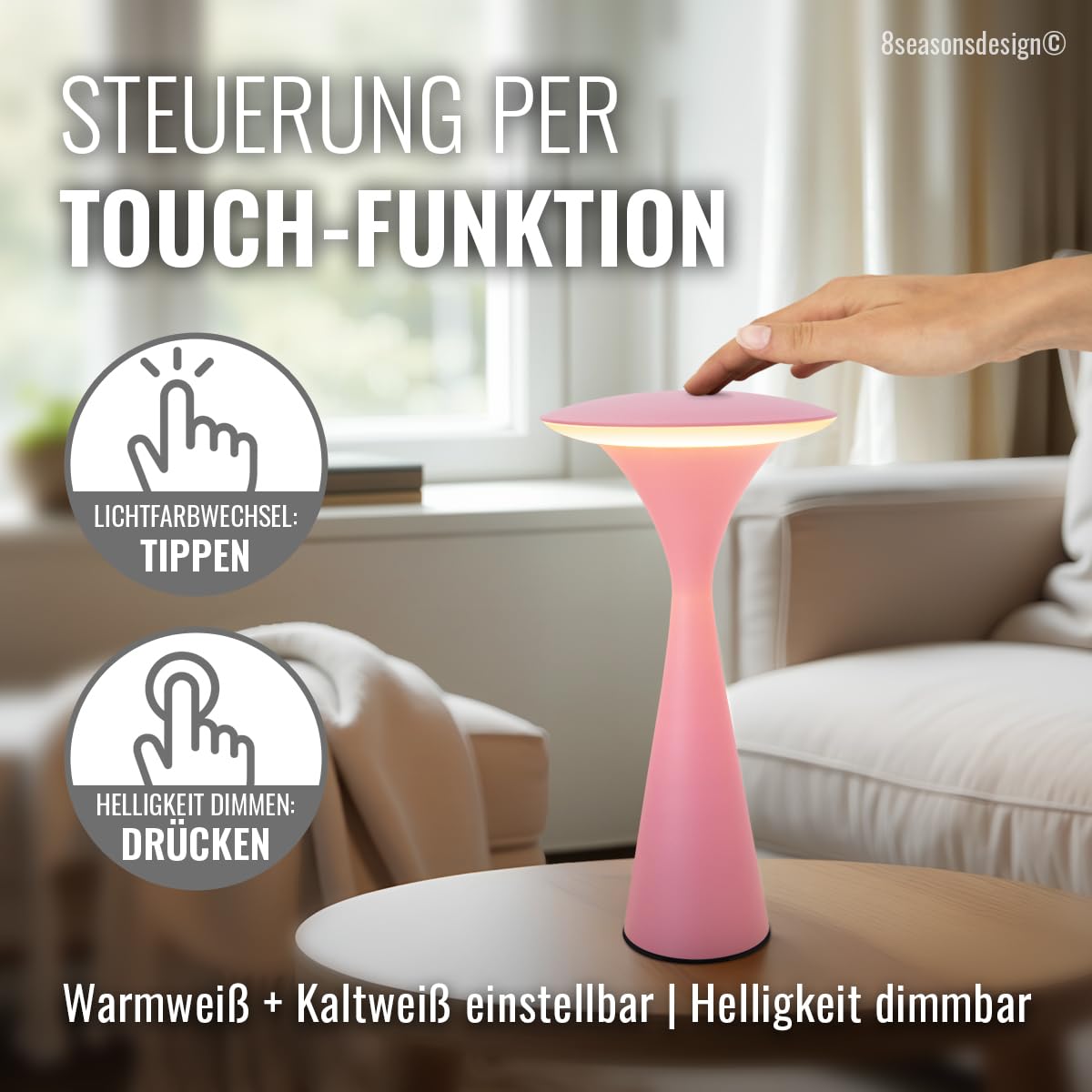 8 seasons design Tischlampe kabellos, dimmbar, Outdoor & Indoor - Hello Space - USB Ladestation, 27cm, Aluminium (pink), LED warmweiß bis kaltweiß, Touch Control, Akku Tischleuchte