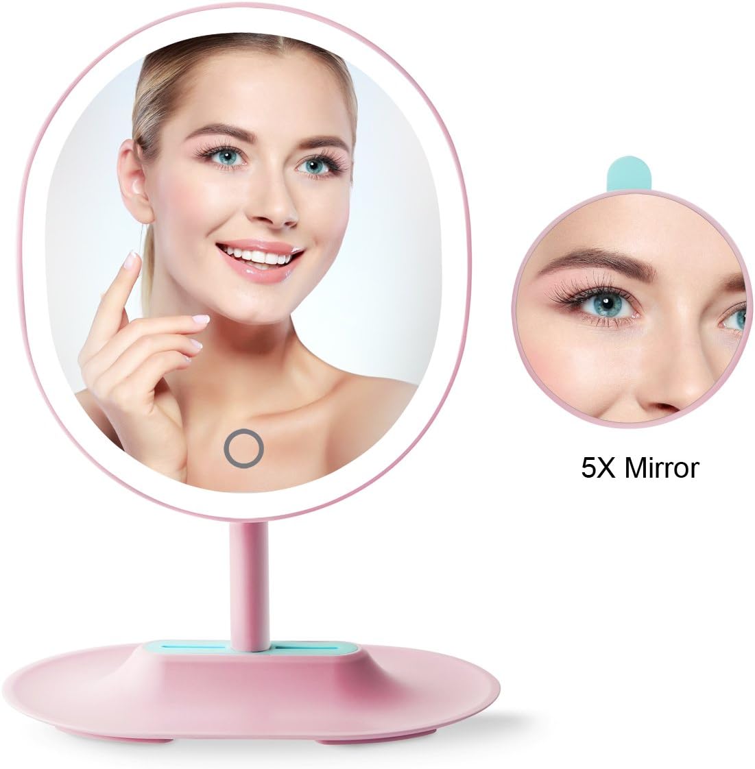 ASCINATE LED Lighted Makeup Mirror USB Charging Touch Screen Dimming Table Countertop Cosmetic Vanity Mirror with Detachable 5X Magnifying Mirror (Pink)