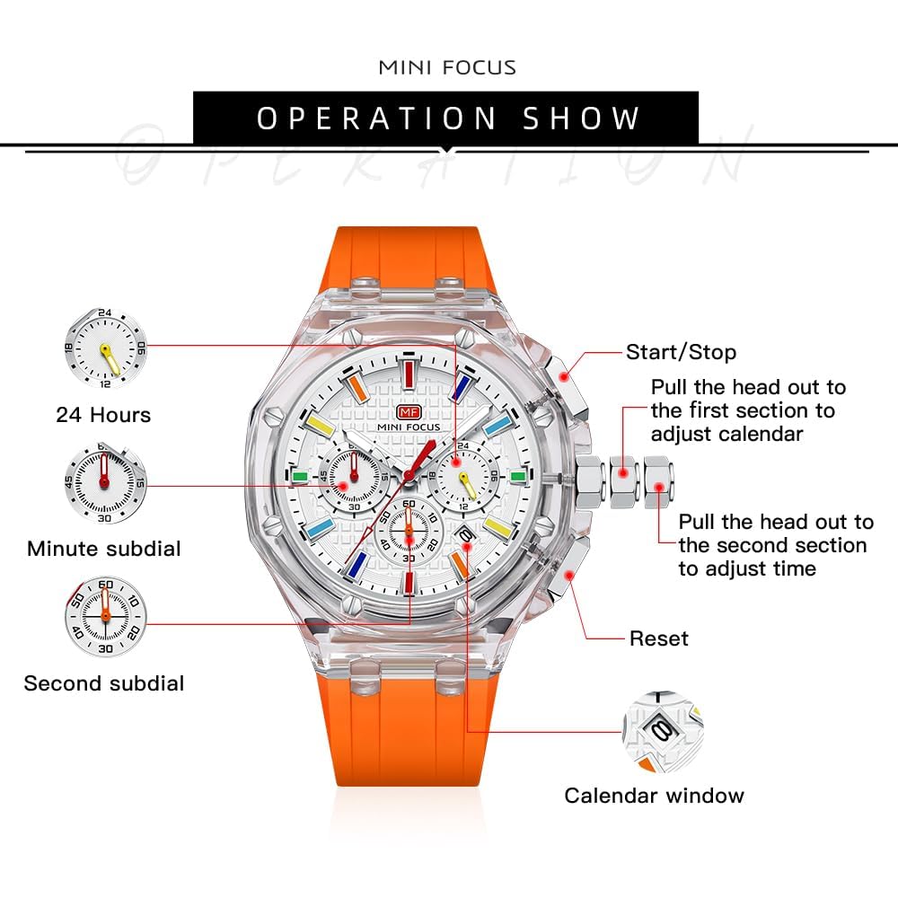 Mini Focus Herren-Armbanduhr, multifunktional, transparentes Analog-Anzeige, Silikonband, Kalender, Quarz, wasserdicht, Trend-Armbanduhr für Herren