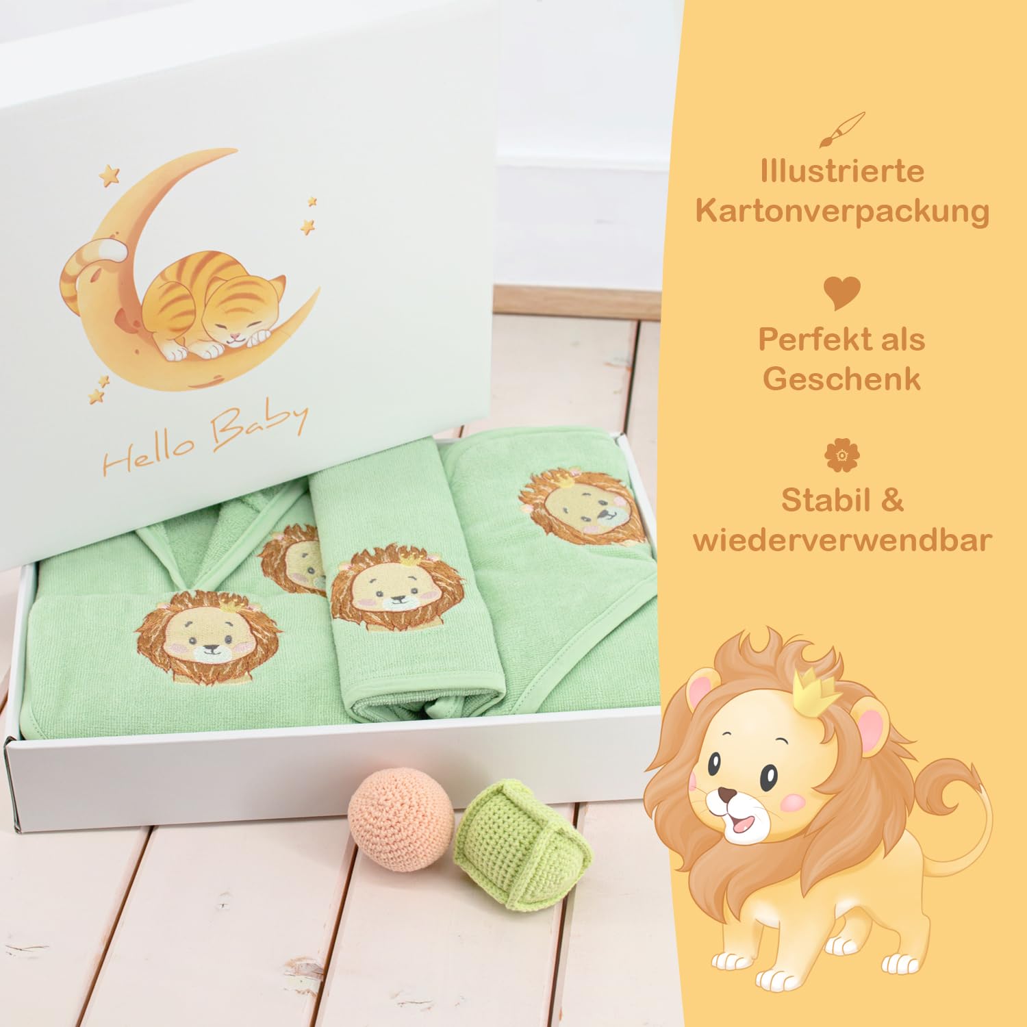 Celodoro Set regalo per bambini, 5 pezzi, confezione regalo con accappatoio, asciugamano con cappuccio, guanto da bagno, bavaglini, per bambini da 0 a 12 mesi