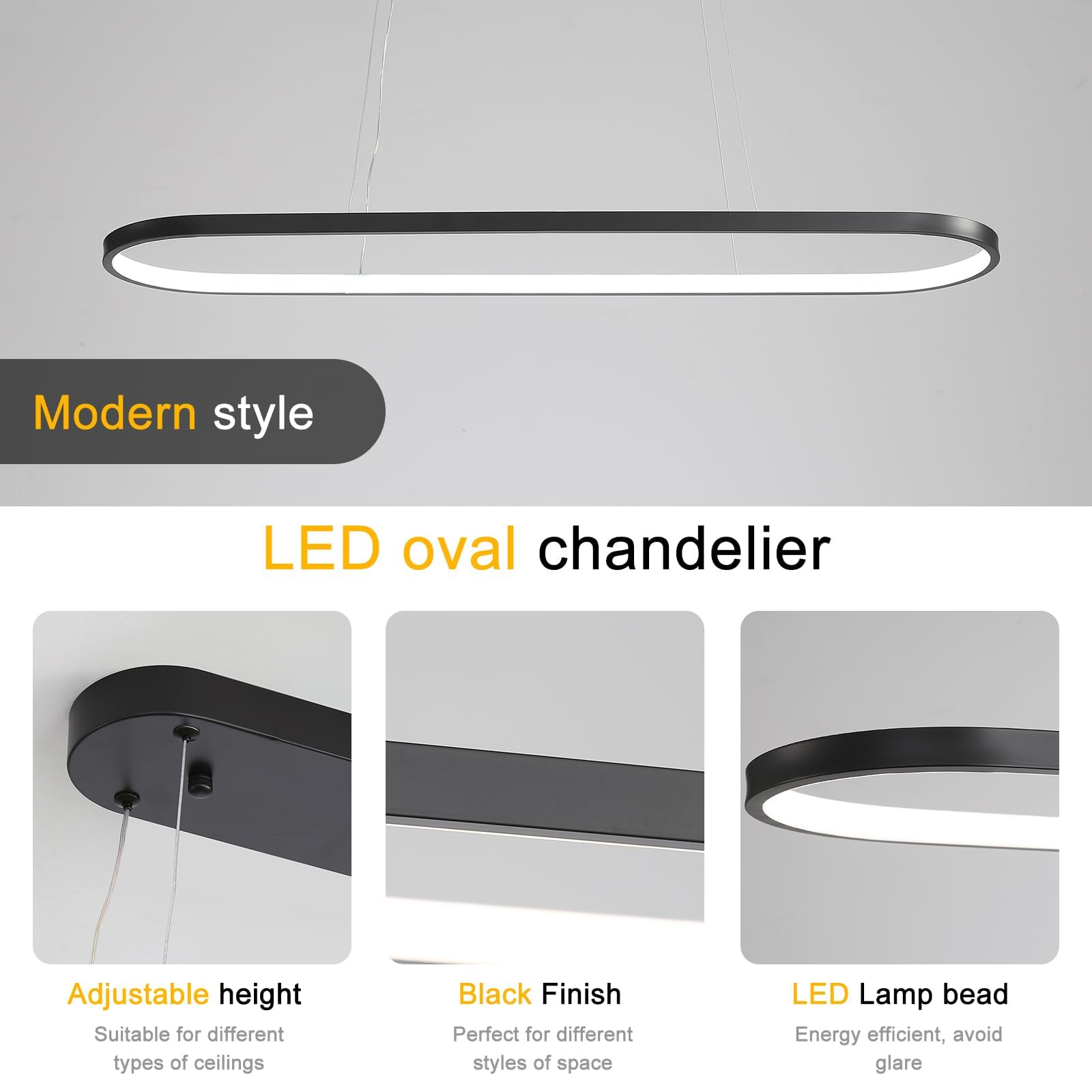 Lámpara de araña Ovalada Lampara LED Regulable Lamparas Circular Iluminación colgante Moderna para Mesa Comedor Con Control Remoto Altura Ajustable para Sala Comedor Cocina Negro 70cm