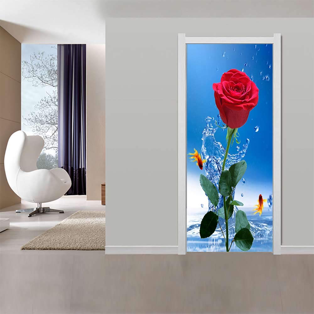 Sticker de porte trompe l'oeil rose rouge pour créer un salon romantique