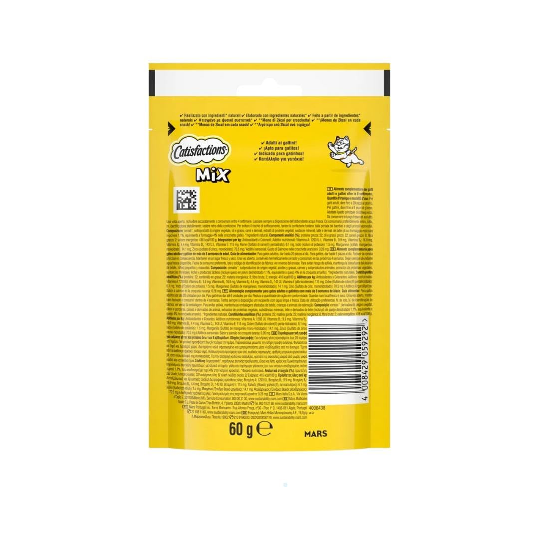 Snack para gatos Catisfactions Mix, aperitivos para gatos adultos y cachorros con sabor salmón y queso | 6 paquetes de 60 gramos cada uno.
