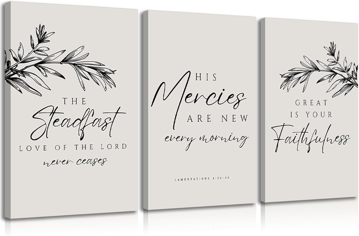 3Pcs Christian Bible Verse Canvas Wall Art Scripture Prayer Poster Print Neutral Black Botanical Painting Steadfast Love Mercies Faith Picture Wall Decor for Bedroom Living Room Office 12x16in Framed