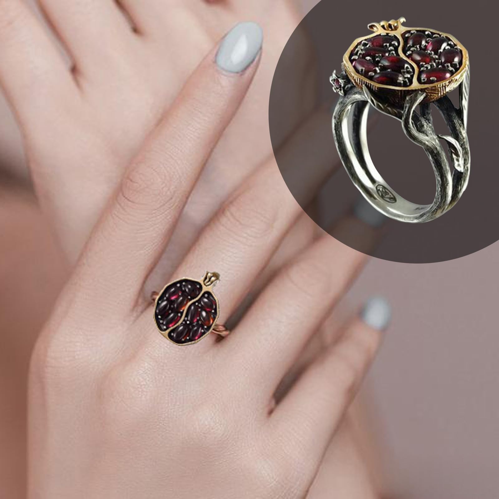 XDHLDULYK Garnet Ring, Tree Vine Black Gold Statement Ring Ruby Engagement Rings for Wife Girlfriend, Pomegranate Shaped Birthstone Ring Silver Ring Jewelry Gift for Women, Handmade Anniversary Ring