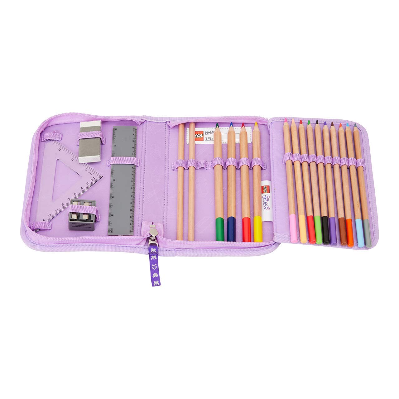 Lego Bags Federmäppchen, Federmappe 20 teilig gefüllt, Federtasche mit Lego Stars Motiv, Stiftebox lila, Schüleretui mit Inhalt, Schul Etui mit Namensfeld, Stundenplan, Lineal und Anspitzer