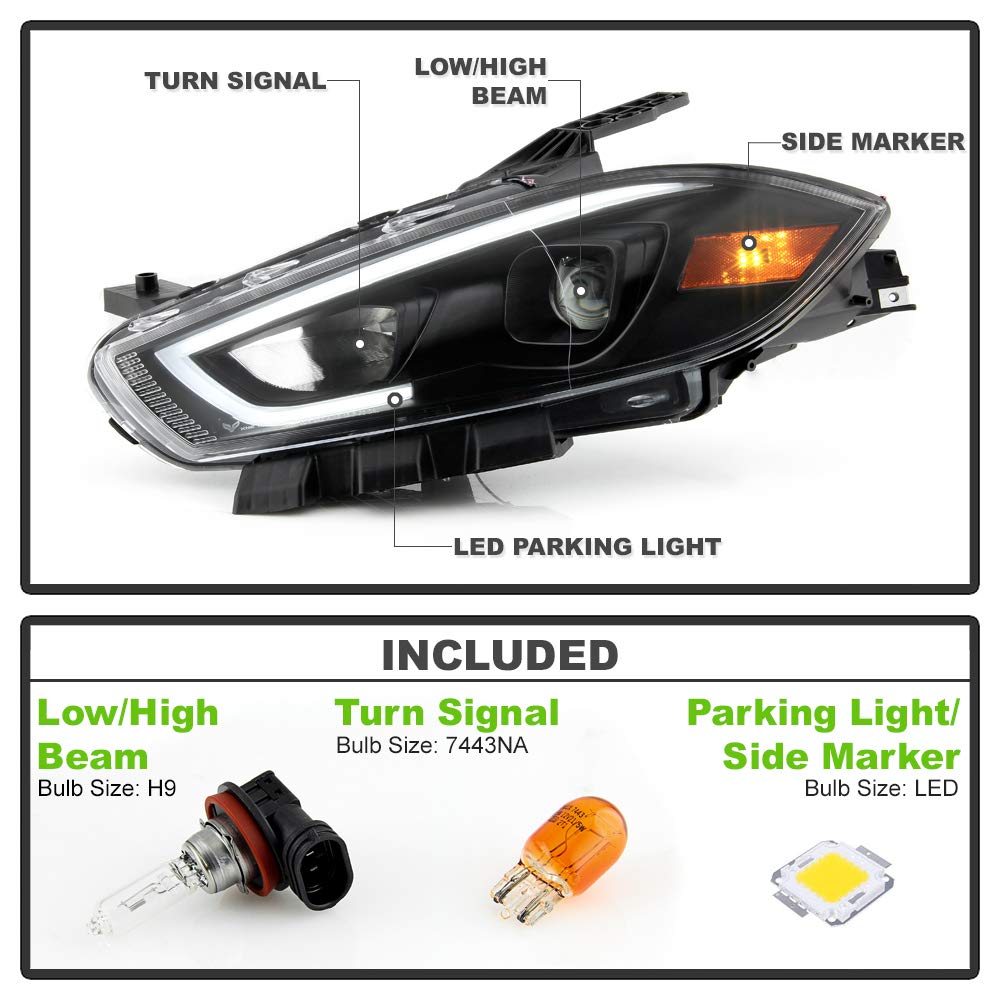 ACANII - For [Halogen Model] 2013-2016 Dodge Dart Black Housing LED Tube Projector Headlights Headlamps Pair Left+Right