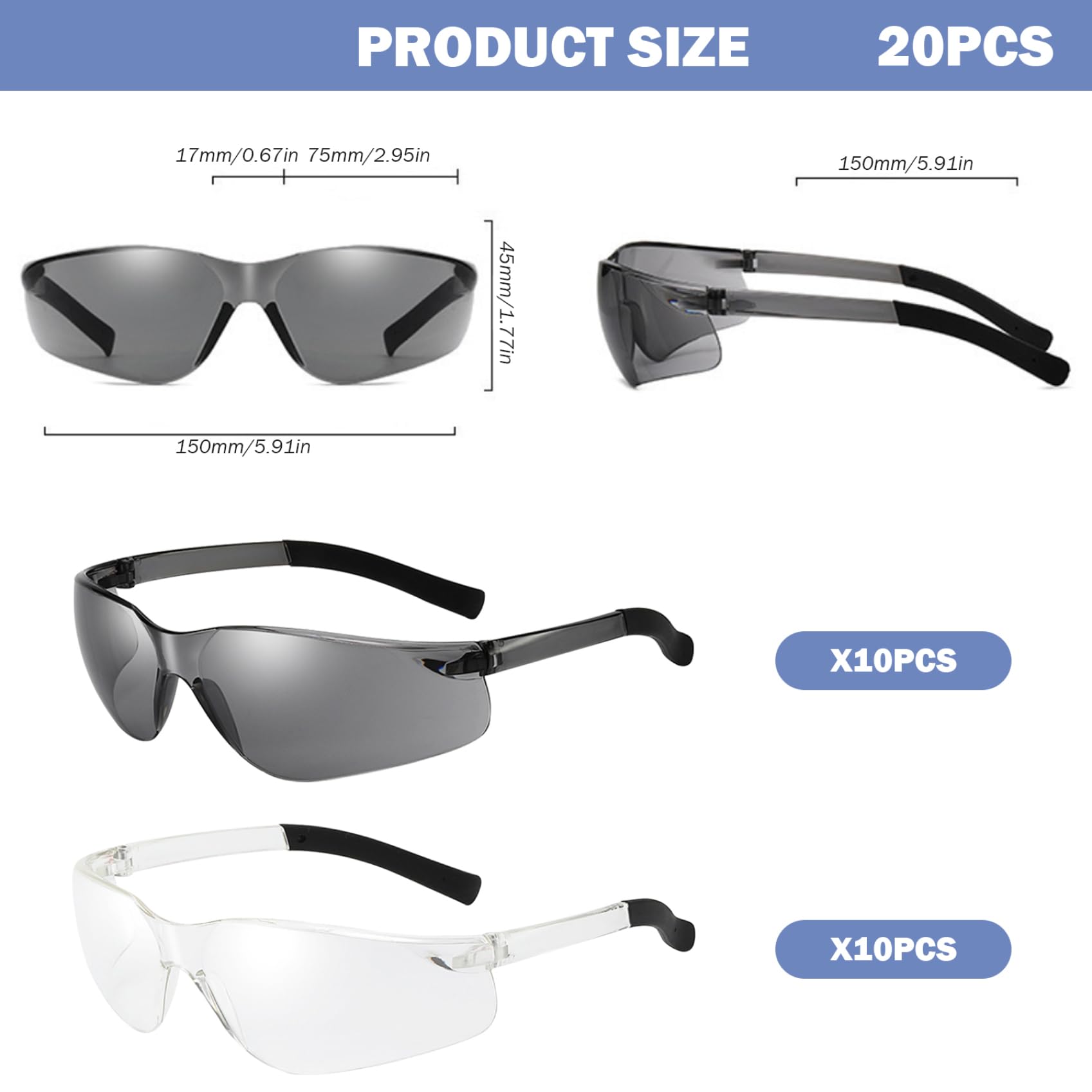 Schutzbrille, 20 Paar HD-Schutzbrille, UV-Schutz, stoßfeste, leicht, für Damen und Herren
