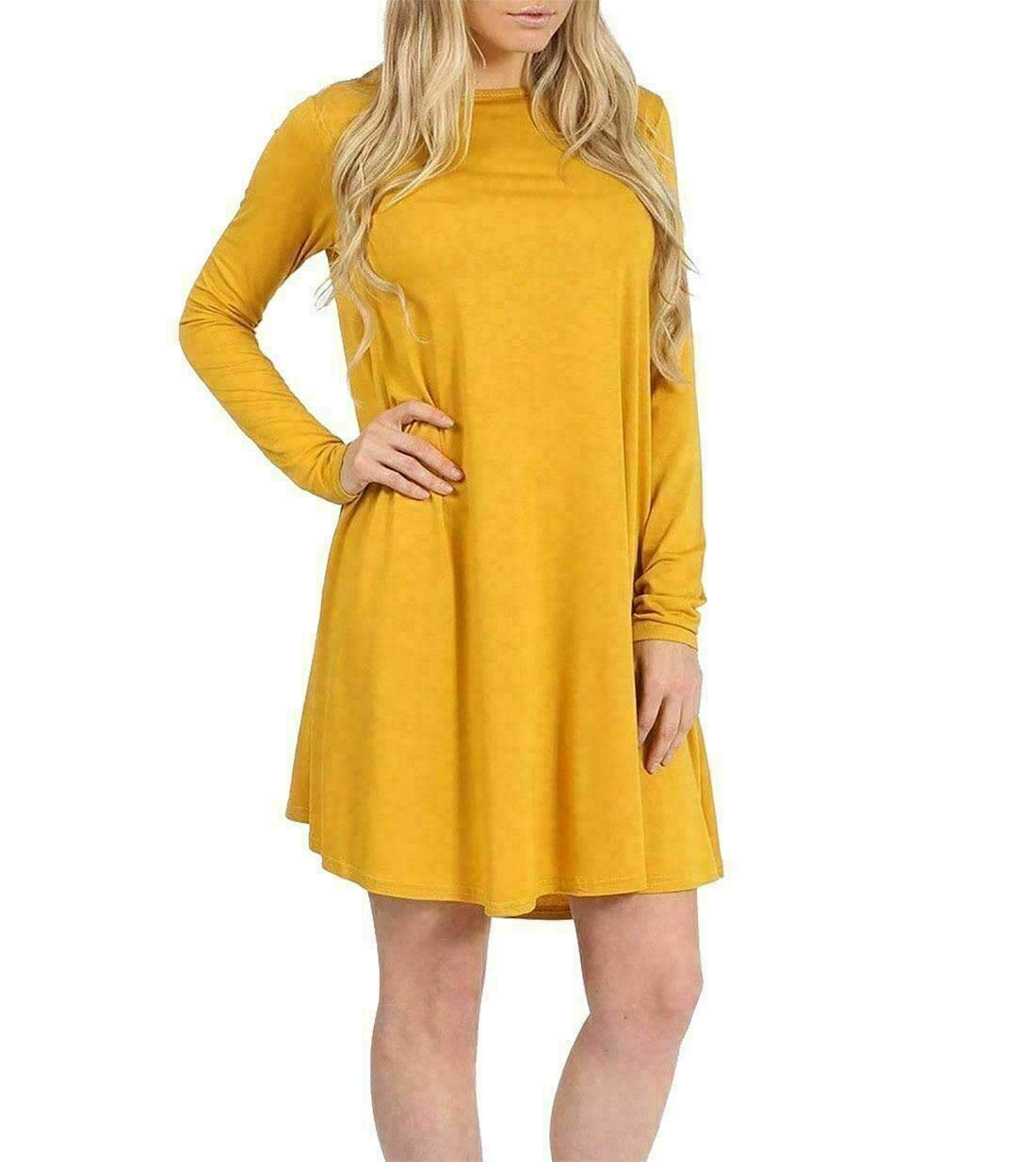 Fairy Boutique Women's Mustard Plain Long Sleeve Stretch A Line Swing Dress Flared Skater Top Printed Plus Size T-Shirt 8-26 ( Uk 24-26)