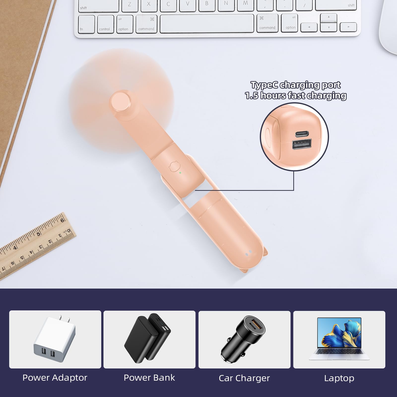 Jsdoin Ventilatore Portatile, 3 Velocità Ricaricabile Ventilatore Tascabile con Banca di potere, Cordino, Mini Ventilatore per Casa, Ufficio, Viaggi e all’aperto (Rosa)