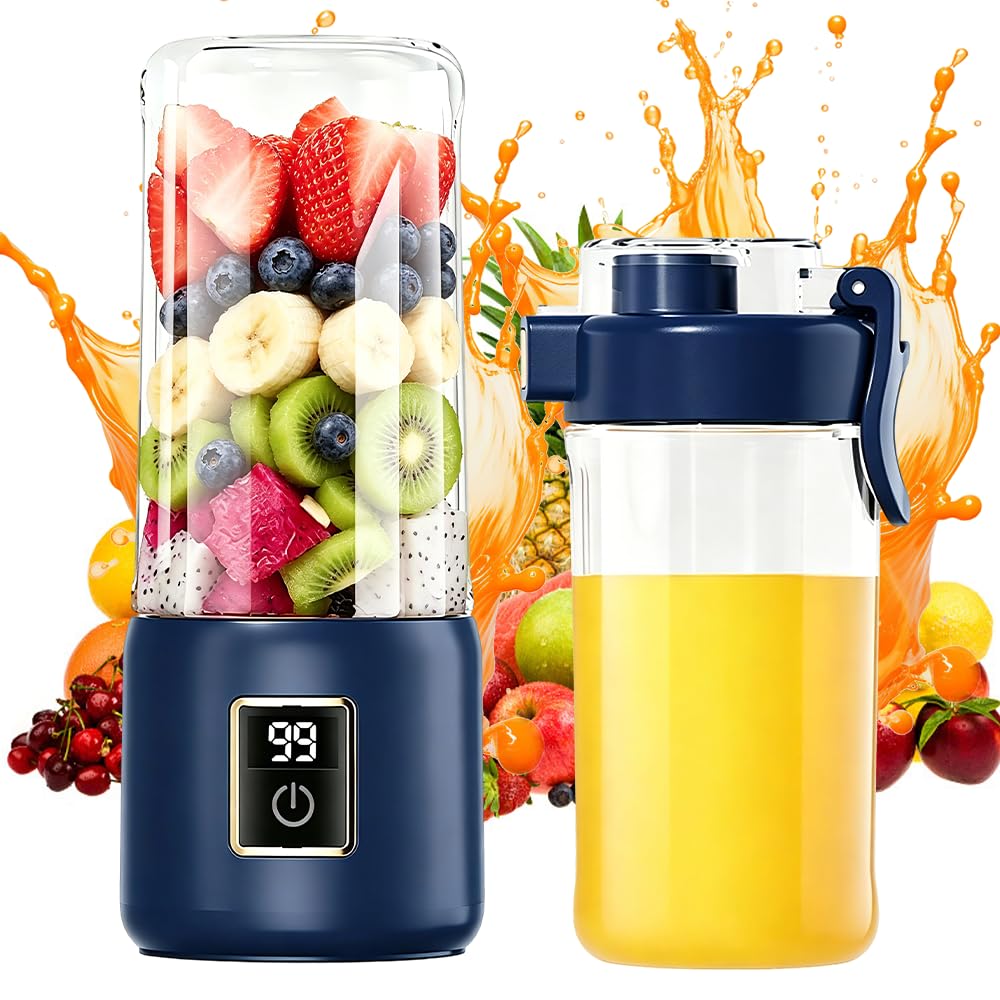 Portable Blender, 500ml Personal Blender USB Rechargeable, Fruit Juicer Mixer with 12 Blades, Travel Cup, Personal Smoothie Maker for Shakes and Smoothies, Gym Office Outdoors (Blue)