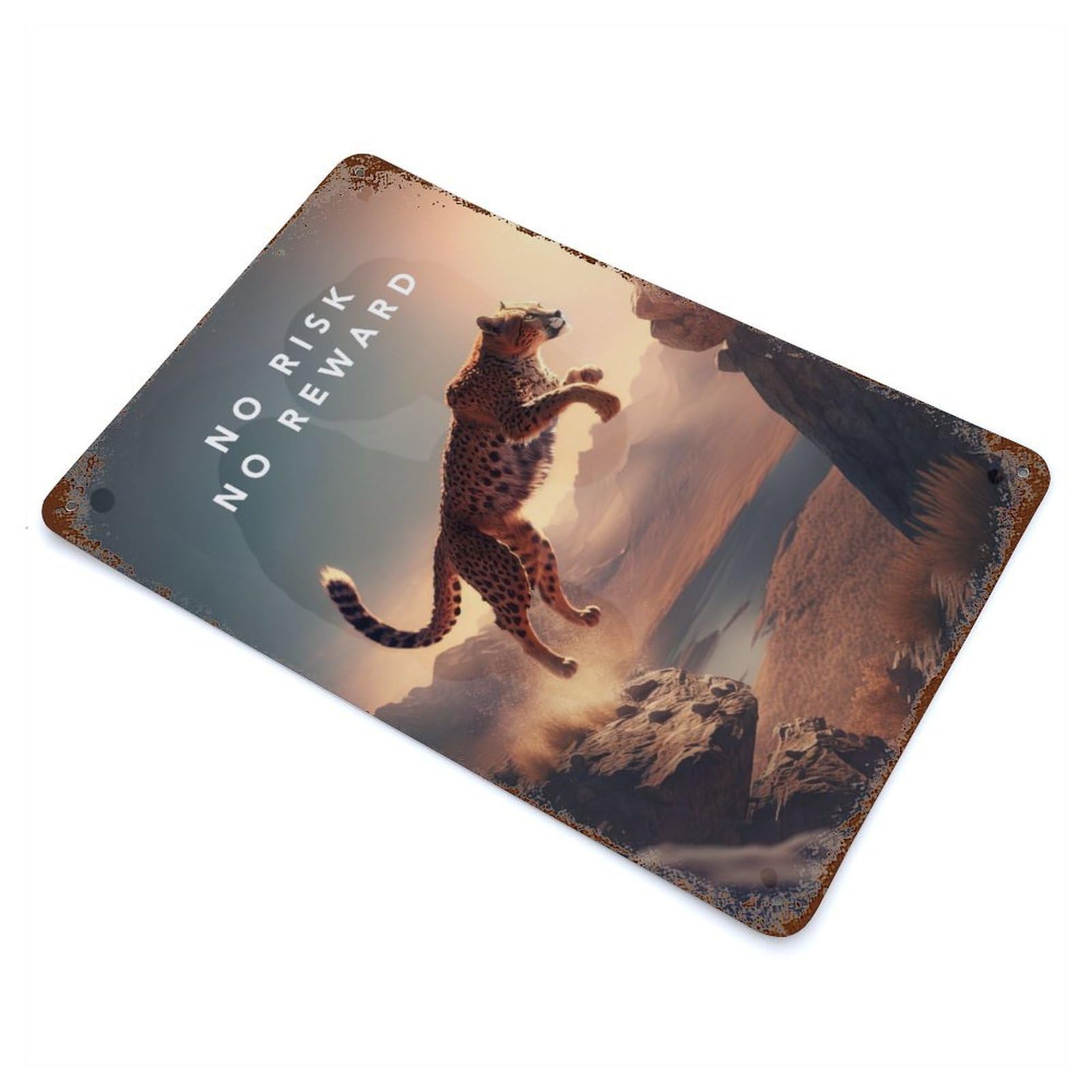 Garage Style No Risk No Reward Cheetah Rust Effect Tin Sign 11.8"x7.9", Industrial Home Decor for Bar And Workshop