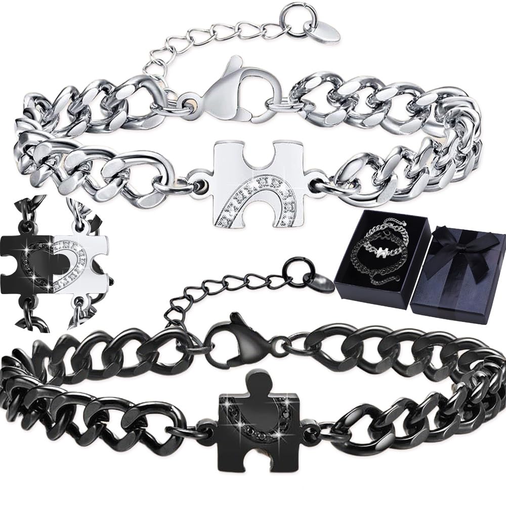 Benaton Par de Pulseras Para Parejas con Rompecabezas, Pulseras de Parejas Pulseras Enamorados Brazaletes de Amor, Pulseras para Parejas para Él y Ella,Pulseras de Pareja de Corazones(Con Caja Regalo)